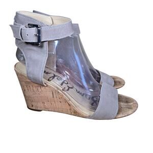 SAM EDELMAN Willow Taupe Gray Suede Cork Wedge Ankle Strap Sandals 9